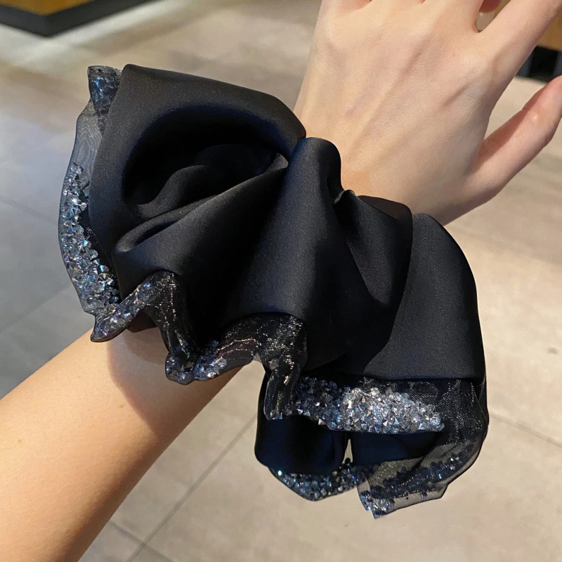 Übergroße Haargummis aus Seidenkristall für Frauen, übertrieben, glänzender Strassstein, schwarze Netz-Kopfbänder, modischer Haarschmuck