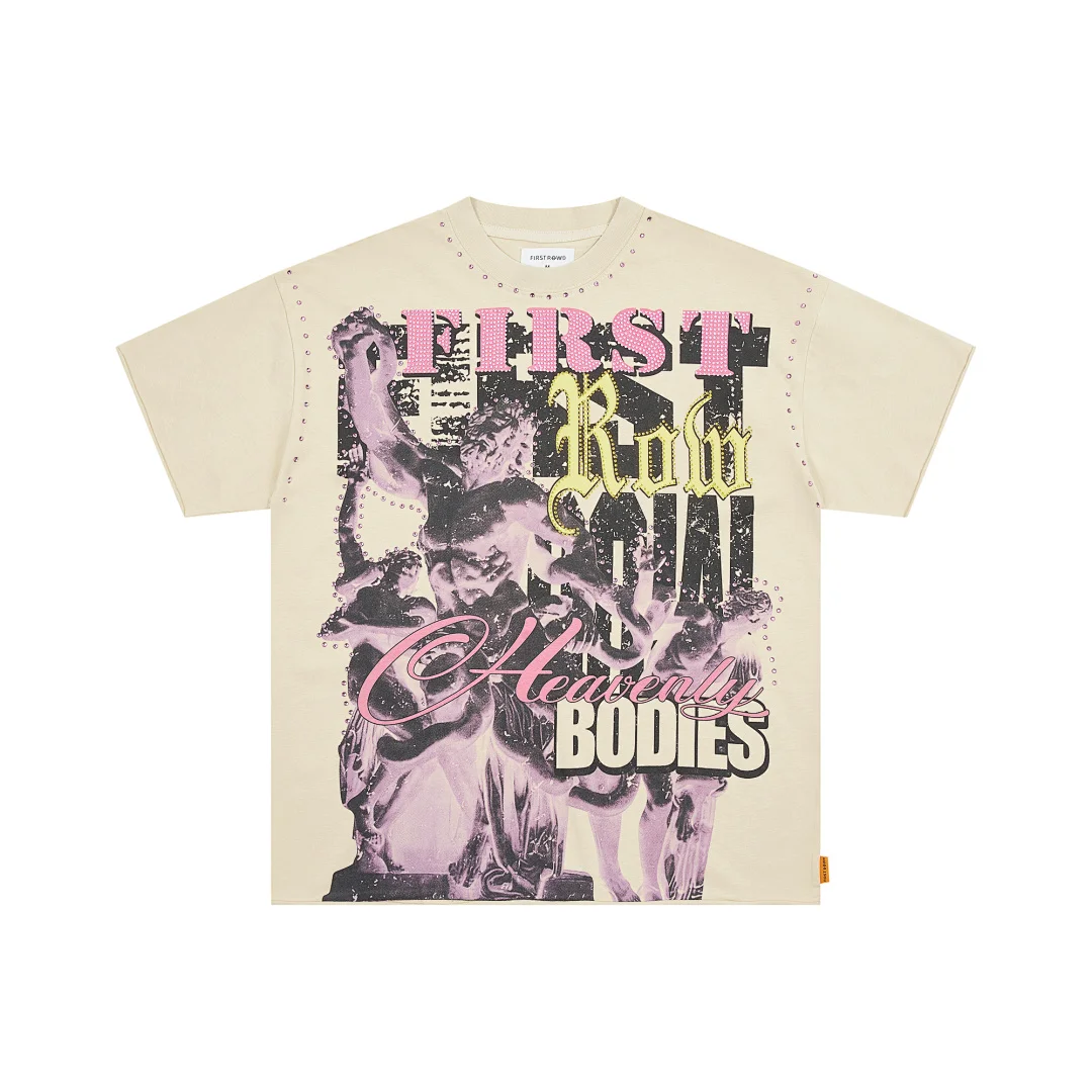 Cream Rhinestone Tee Men FIRST ROW Purple Angel Statue Print T-shirt Retro Streetwear Loose Crew Neck Casual Thick Cotton Shirts