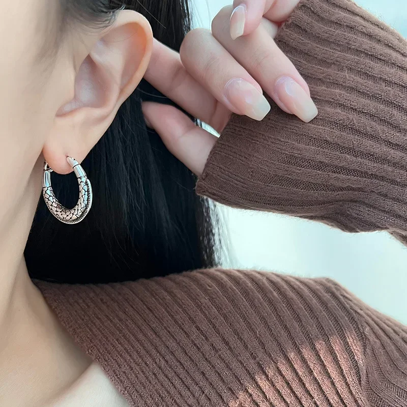 925 Sterling anting-anting Hoop Hip Hop cetak ular Vintage Perak untuk wanita 2023 anting-anting pesta pernikahan Korea hadiah perhiasan wanita