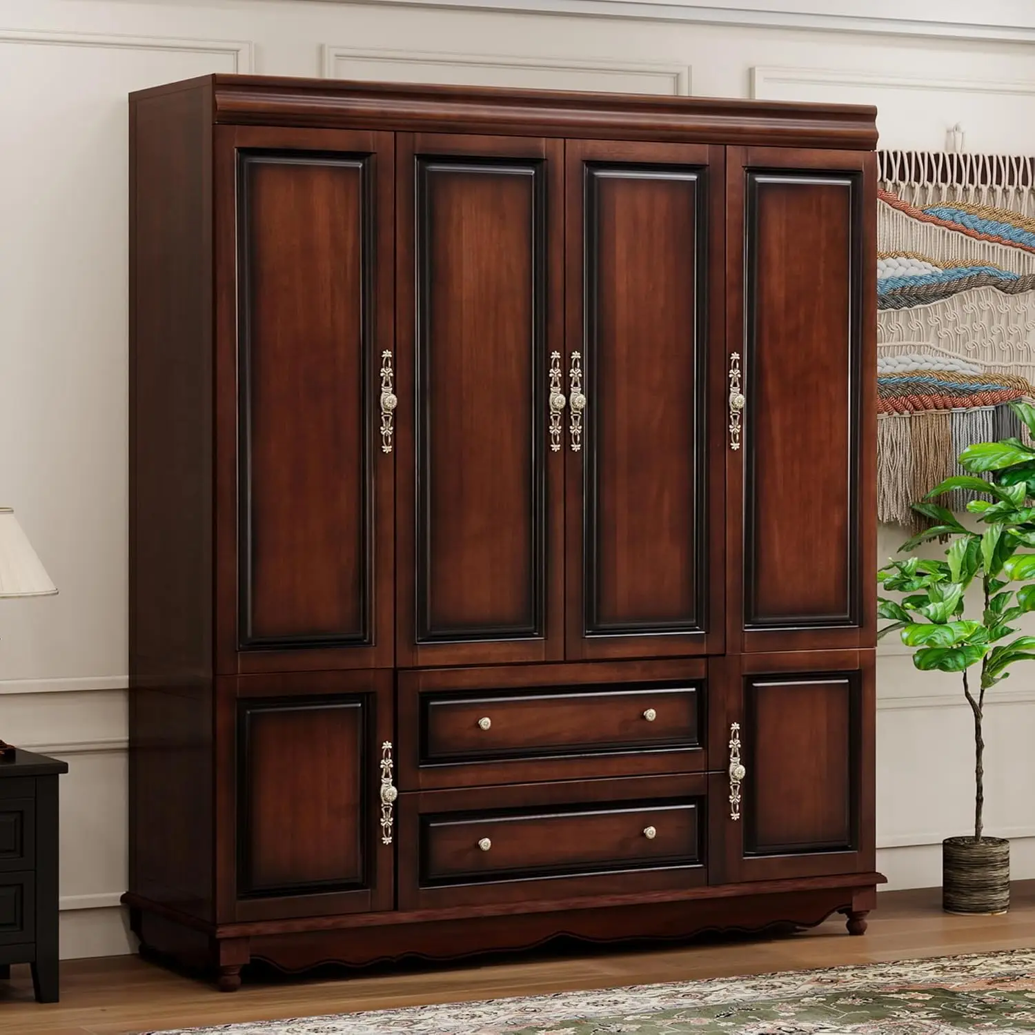 

Solid Wood Armoire Wardrobe Closet with Drawers and Hanging Rod Storage Cabinet Clothes Organizer for Bedroom Cherry Finish