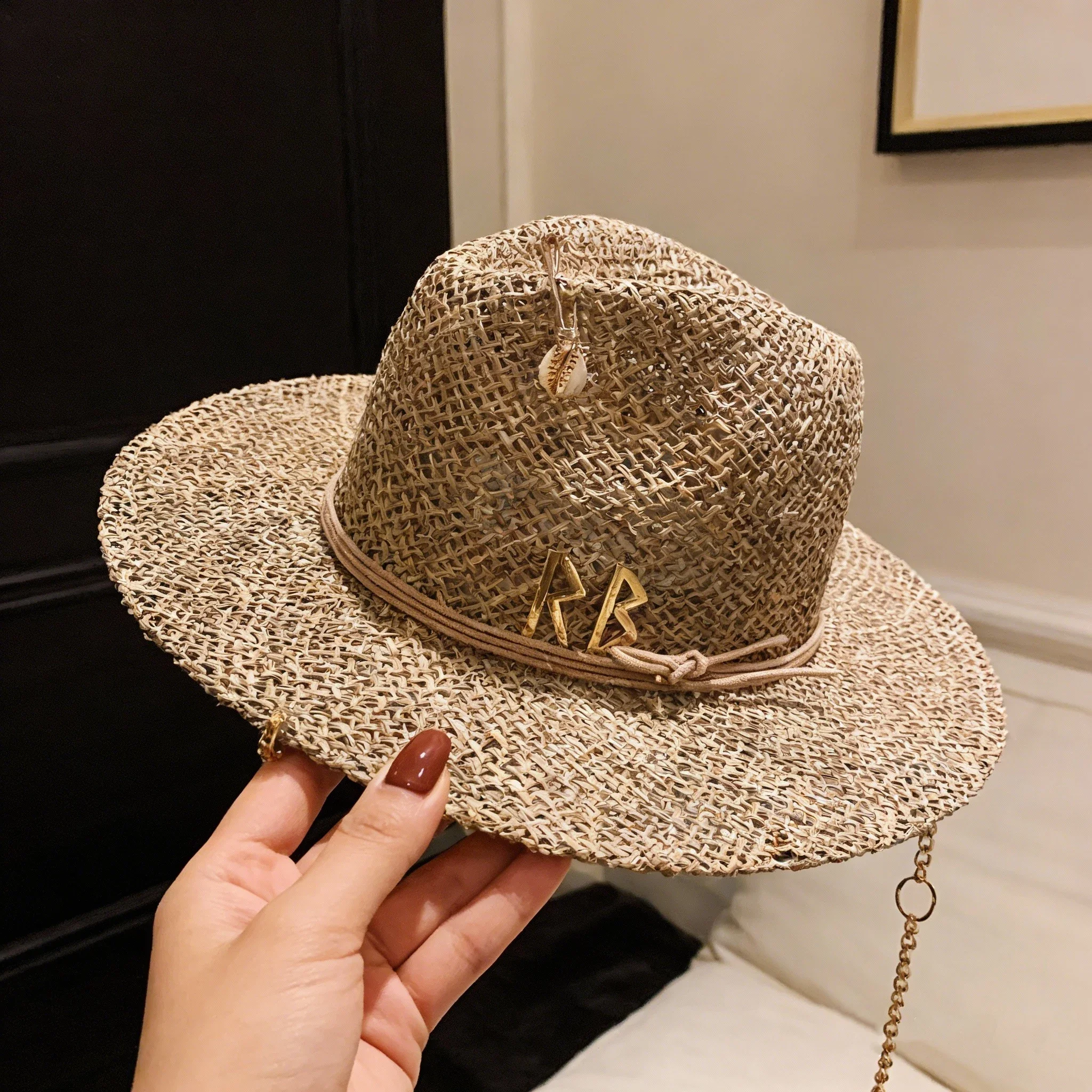 Womens Straw Hat Wide Brim Beach Sun Hat with Metal Chain Letter Openwork Design Elegant Summer Cap Fashion Holiday