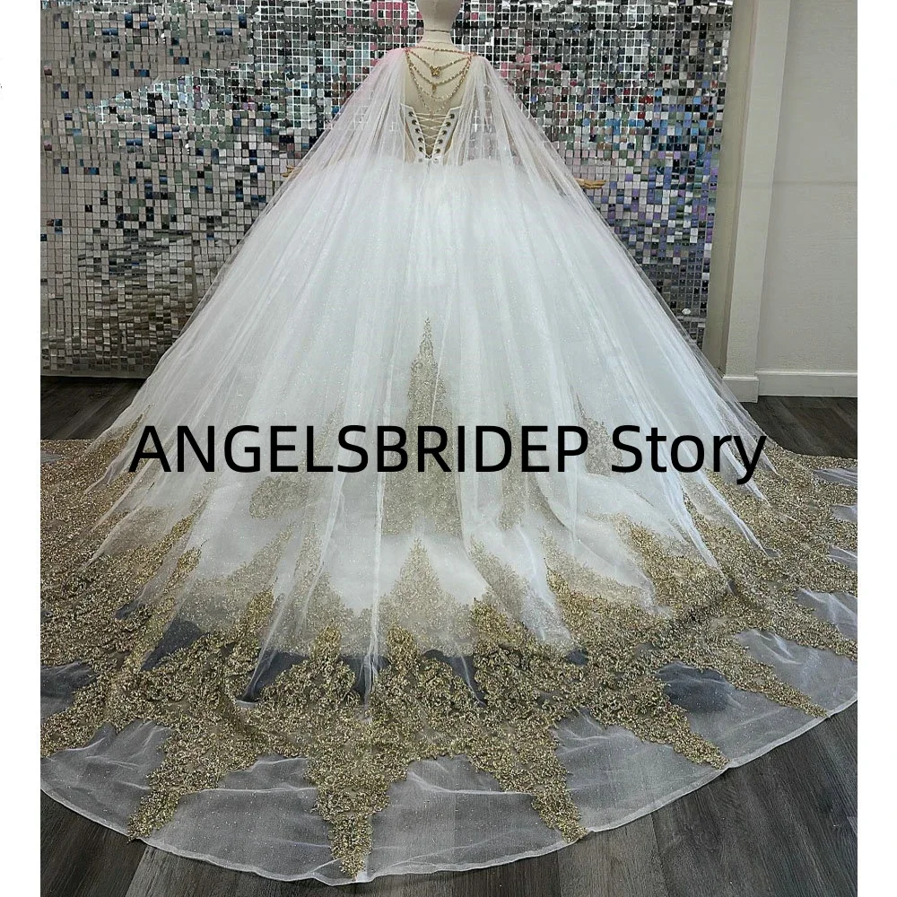 Angelsbridep White And Gold Crystal Beading Ball Gown Quinceanera Dresses With Appliques Cape Gold Sequined Sweet 16 Customized