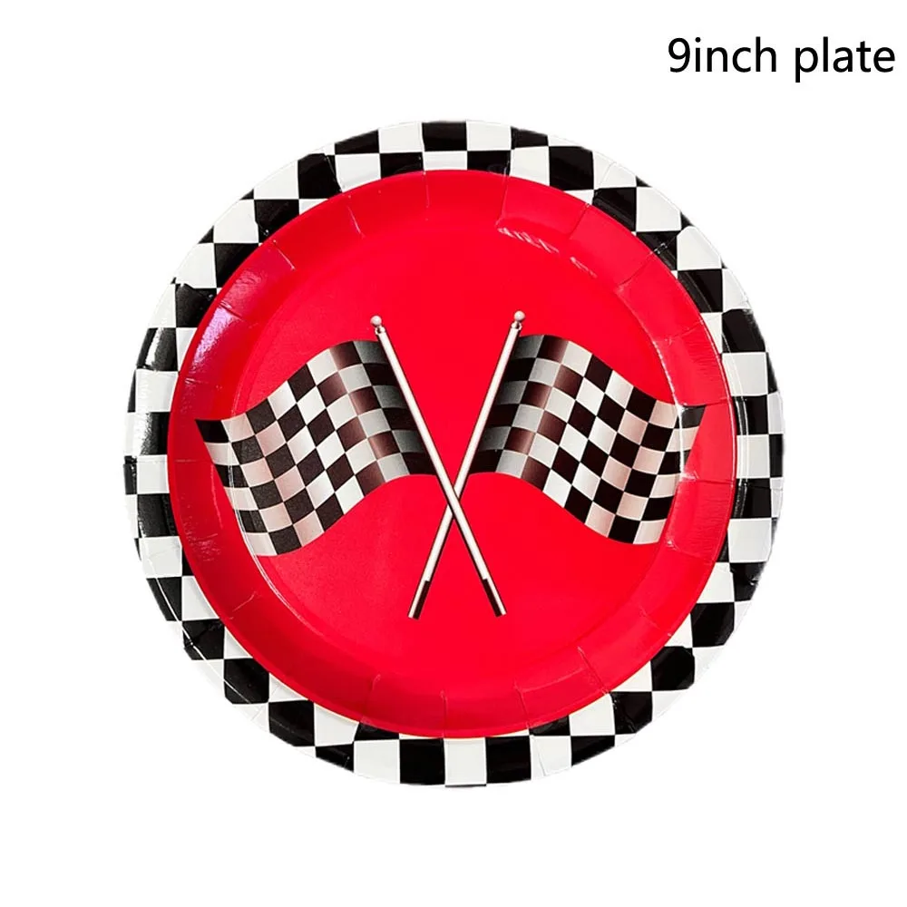 12/60 Stück rote Rennpappteller, Einwegteller, rotes Rennwagen-Mottoparty, schwarz, weiß, kariert, Kindergeburtstag, Partyzubehör – Detail 3