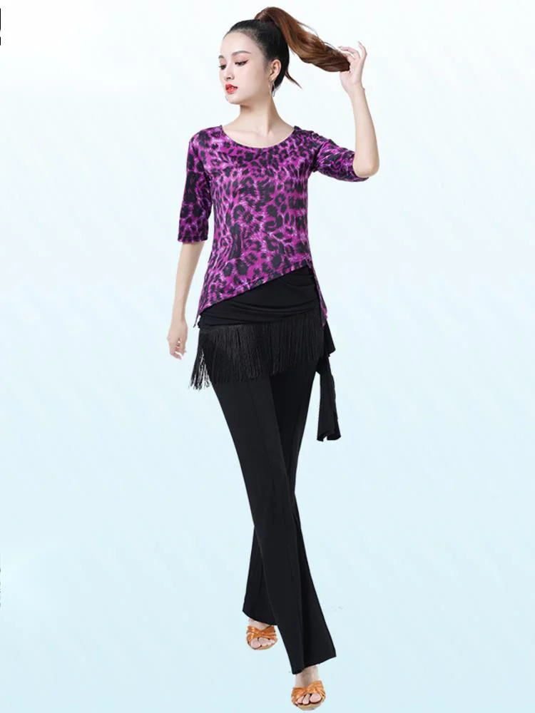 Leopard Ballroom Standard Dance Kawaii Waltz Tops Classical Elegant Women 2023 Jazz Short Figure Skating Latin Tassel Pants 6XL