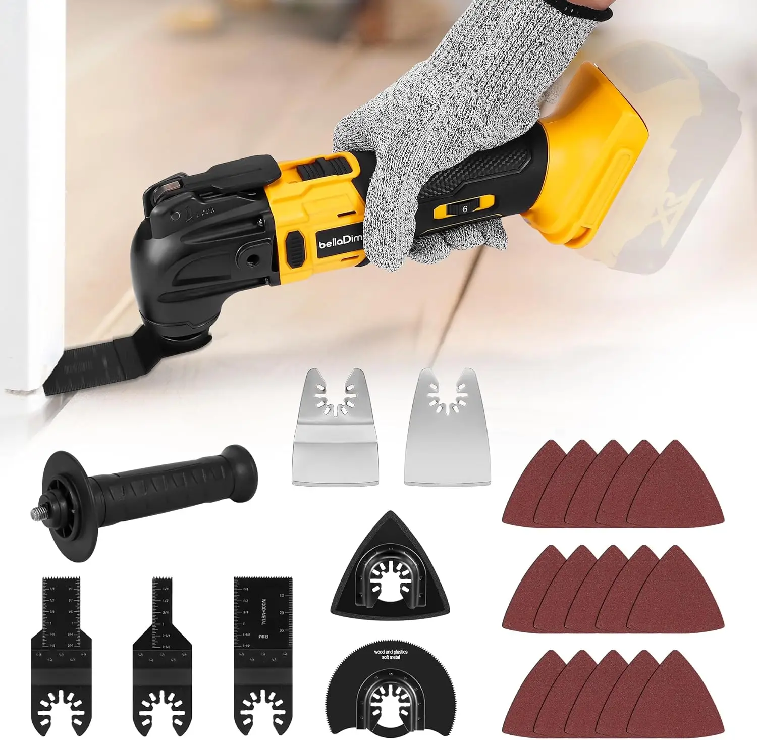 

Heavy-Duty Oscillating Multi-Tool with Brushless Motor, 600W Power, 5-in-1 Protection, and 23-Piece Kit for Cutting and Sanding