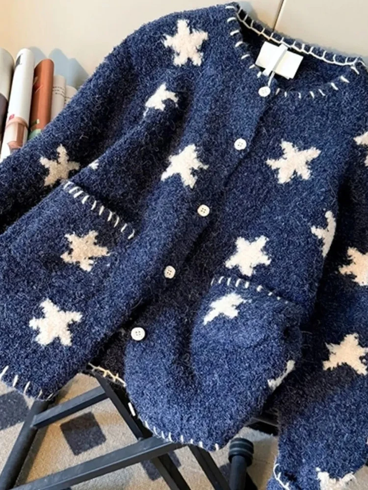 

Stars Print Vintage Cardigan Women Loose Harajuku Lazy Wind Knitted Sweater Fall Casual American Y2K Lady Long Sleeve Retro Tops