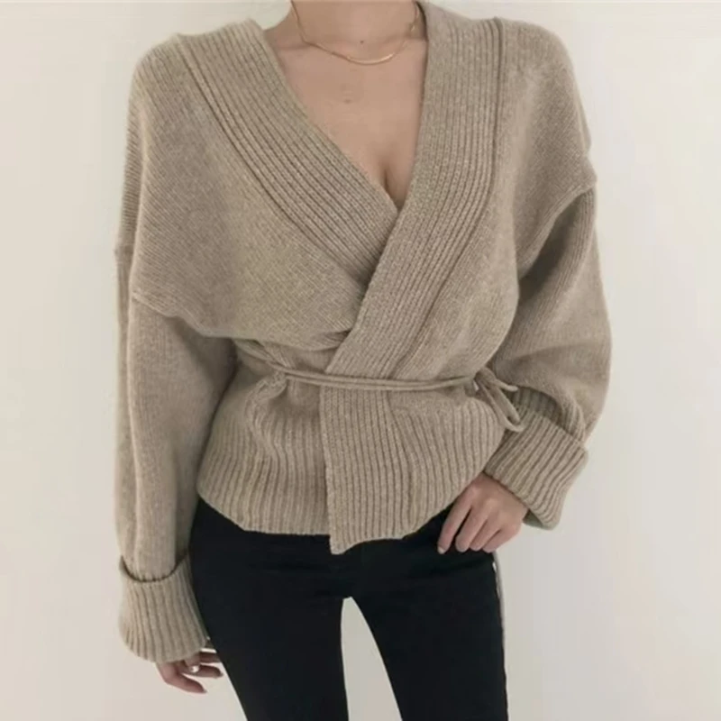 Cardigan tricoté à col en v pour femme, pull ajusté à lacets, nouvelle veste courte à manches longues, vêtements décontractés de couleur unie, automne et hiver