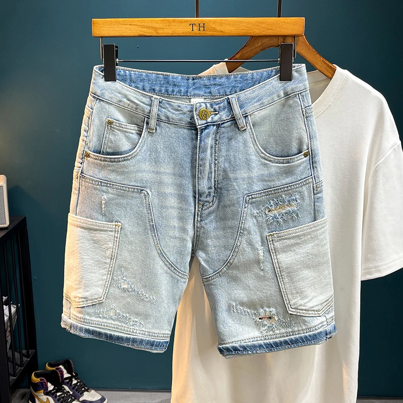 

TC3017 Модные мужские брендовые эластичные облегающие джинсы средней длины с вышивкой в стиле пэчворк и дырками