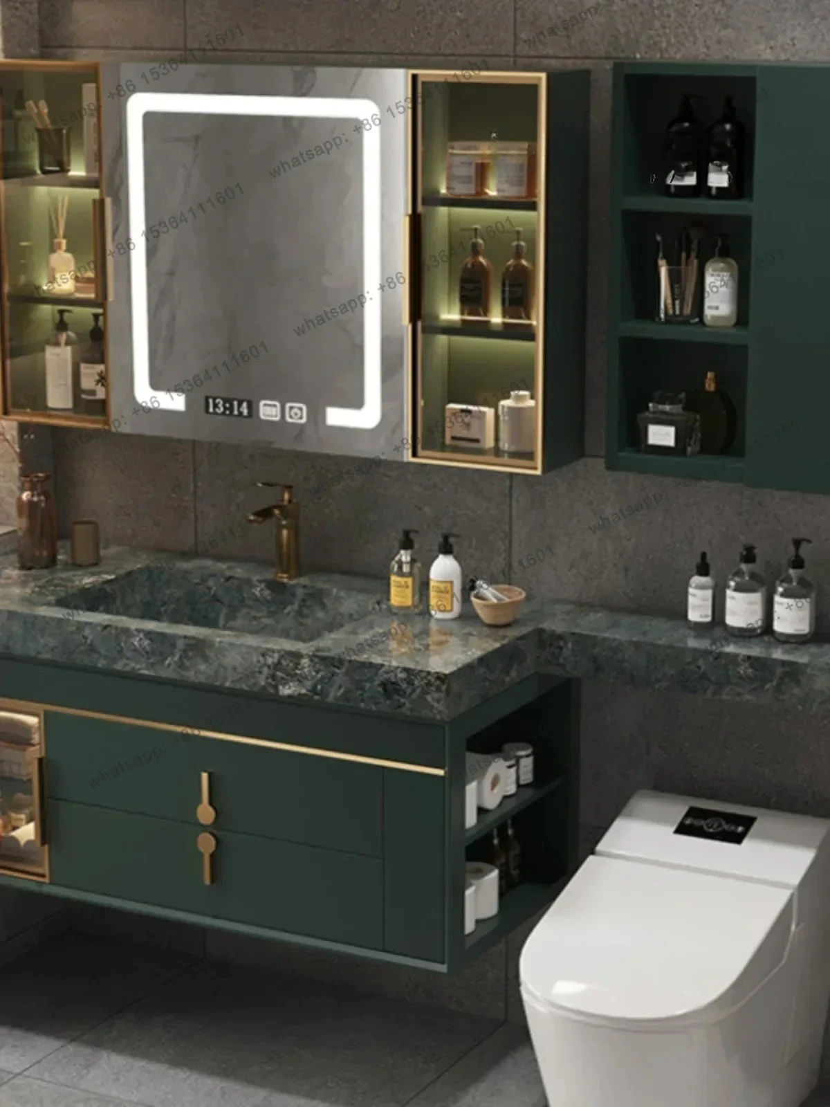 Slate bathroom cabinet combination light luxury bathroom washbasin simple oak smart mirror cabinet dark green