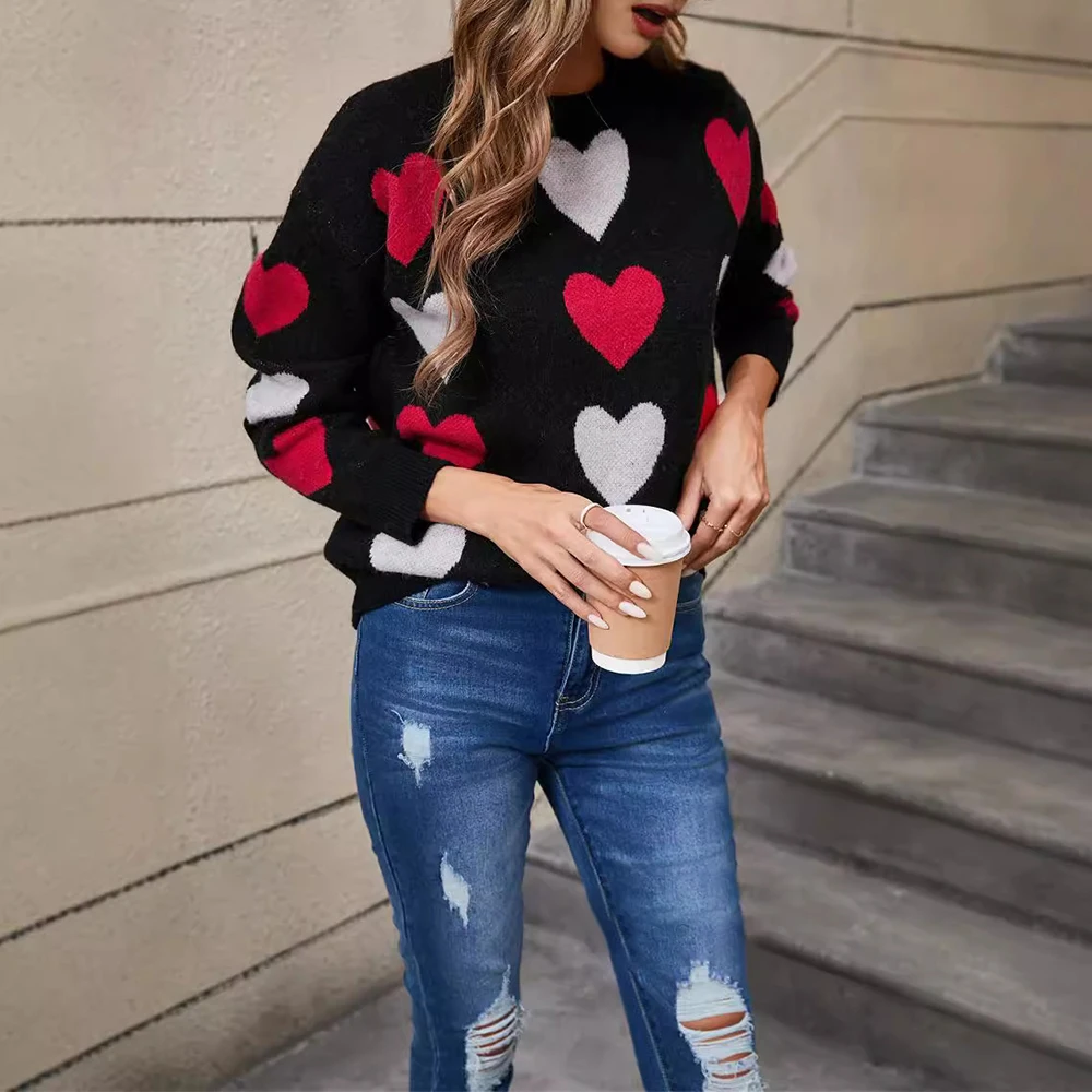 여성용 라운드 넥 풀오버 하트 스웨터 유럽과 미국 스타일의 겨울 패션 발렌타인 데이 복숭아 하트 디자인