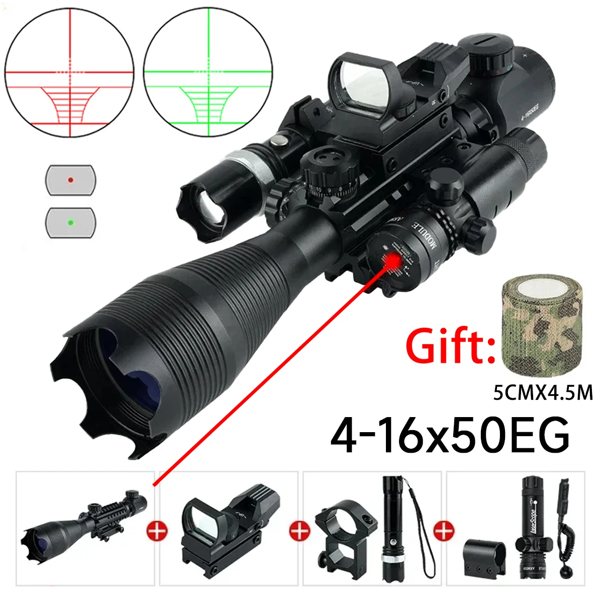 

Tactical 4-16X50EG Optics Rifle Scope Reflex Red Green Laser Sight Hunting Precise Shooting Red Dot Combo Sniper Rifle Sights