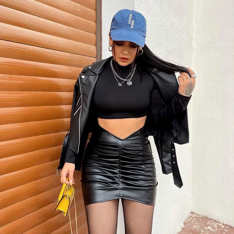 Damskie spódnice z ekoskóry w jednolitym kolorze, modne, seksowne, z zakładkami, podkreślające figurę, mini spódniczki, streetwear, odzież damska, nowości na wiosnę 2026.