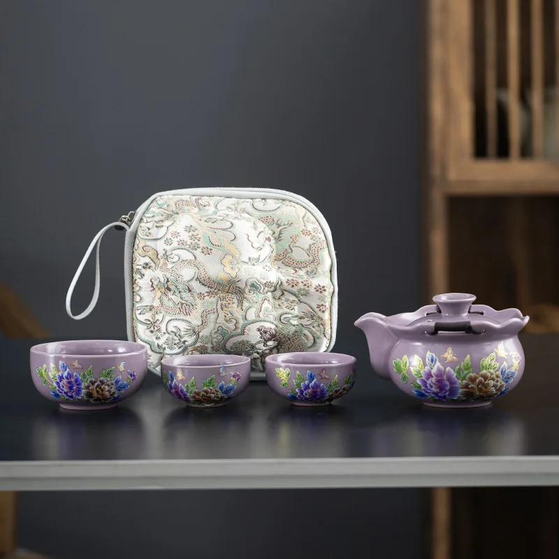 

Портативный дорожный чайный набор Ziru из фиолетовой глины с узором пион, 1 чайник, 3 чашки, с сумкой для переноски, для кемпинга, дома, офиса, чайной церемонии