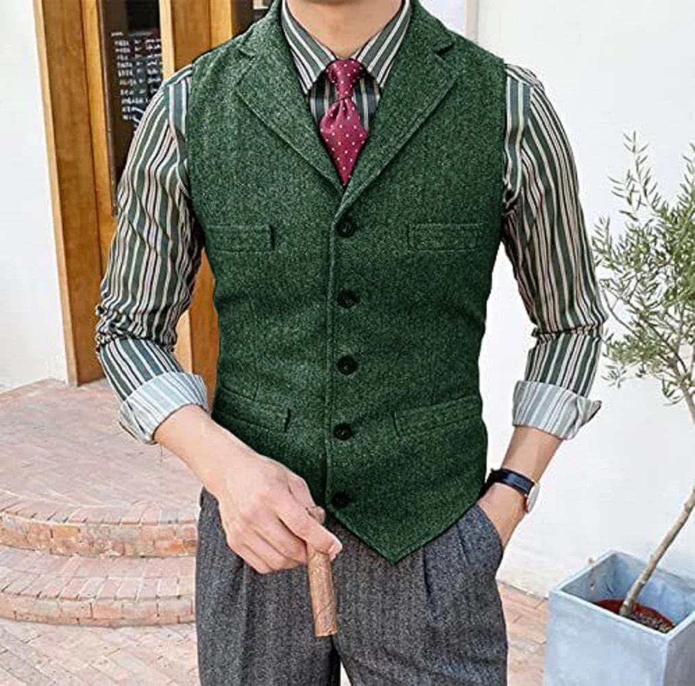 Men's Single Breasted Coarse Tweed Wool Vest Formal Clothes Man Retro Wedding Party Ball Vest Men's Knitted Vests Work Suits