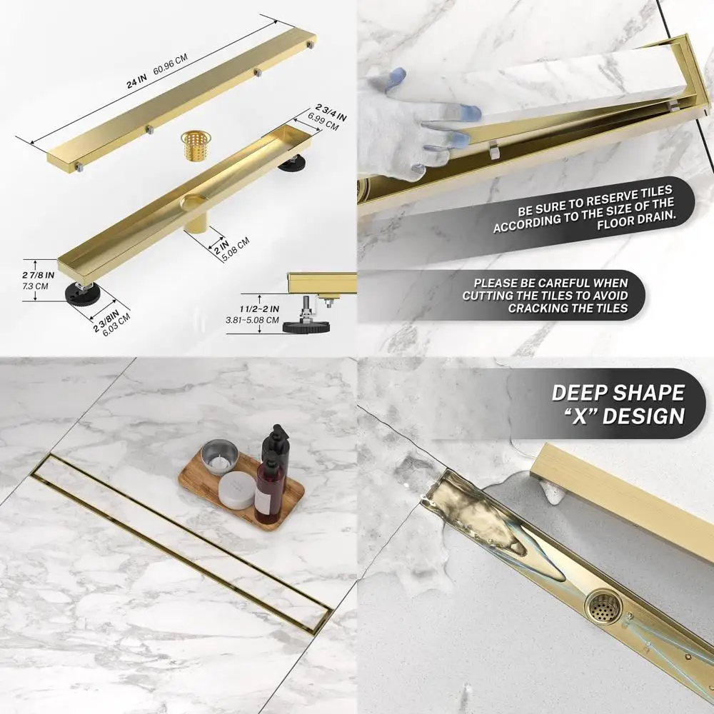 

24 Rectangular Stainless Steel Shower Drain with Dual Covers and Hair Catcher, Gold