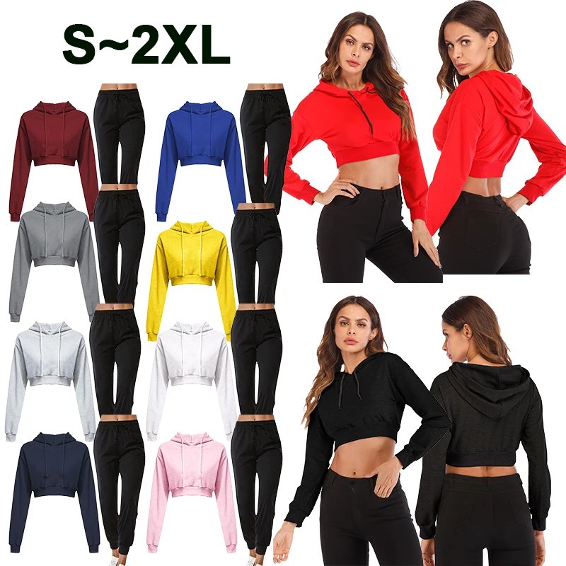 

Women's Sexy Solid Color Long Sleeve Hoodie Set Flat Angled Open Umbilium Hoodie Set Sweatpants Set Open Umbilium Hoodie Set