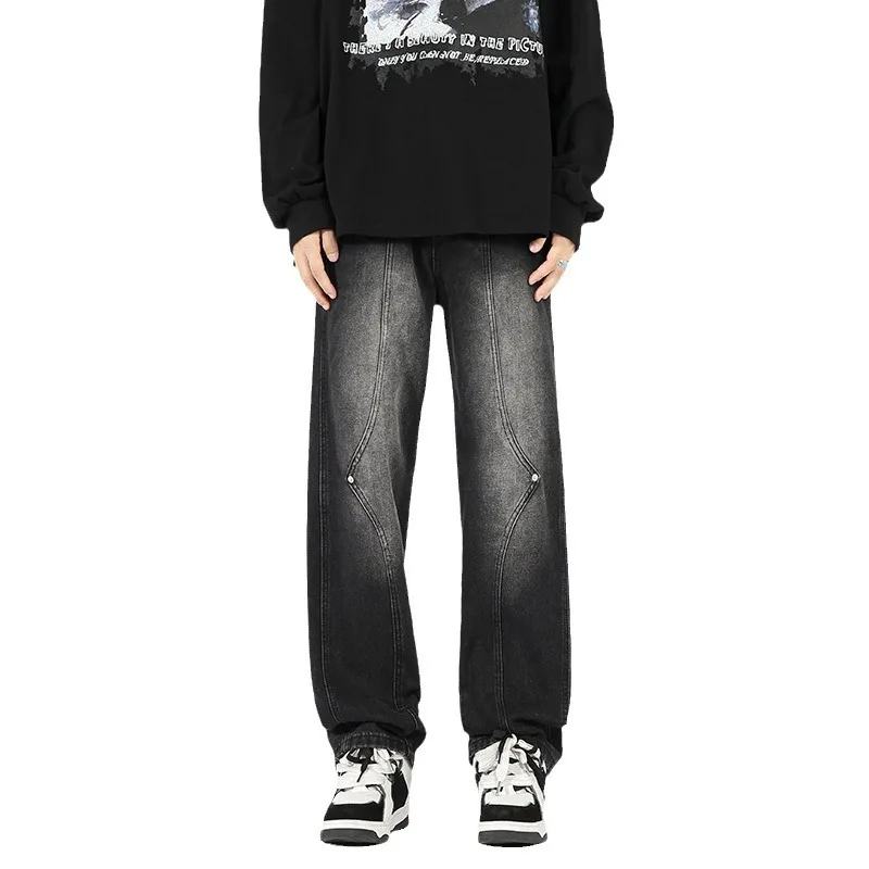 Europe and America style new high street niche jeans men's loose fitting straight leg versatile design patchwork wide leg pants