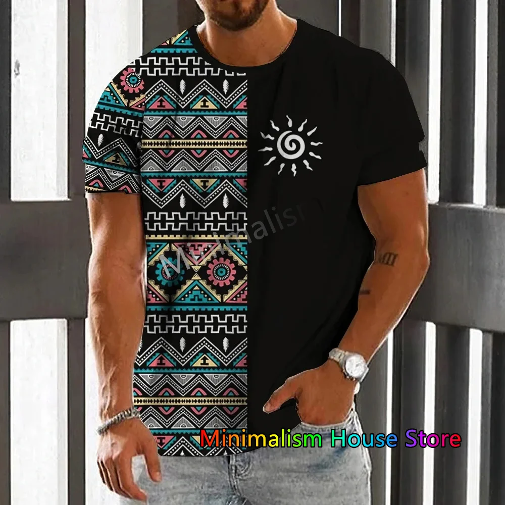 

Summer Men's T-Shirt Ethnic Print Casual Short Sleeve Round Neck Streetwear Vintage Man Loose Sweatshirt Breathable Men Clothes