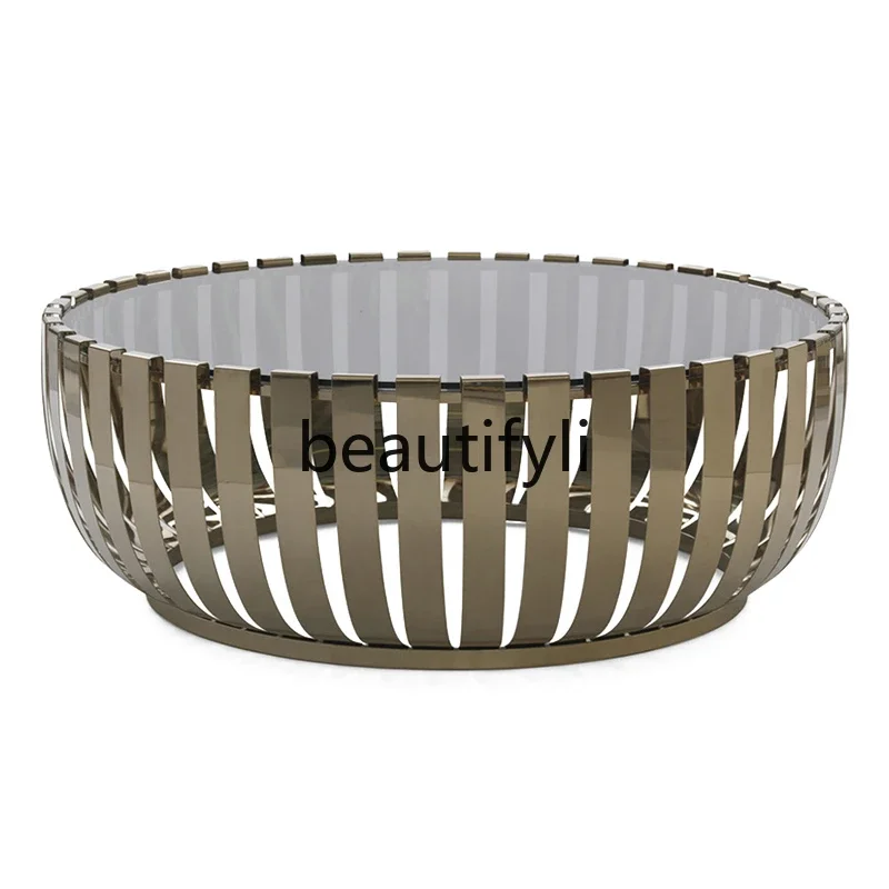 E182 Coffee table round metal coffee table stainless steel vertical strip decorative glass panel electroplated titanium