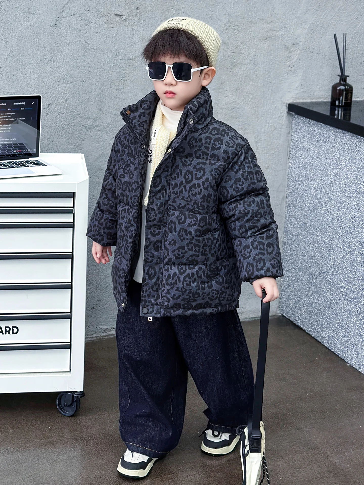 

Thiened Cotton Jaet for Boys Leopard Print Winter Coat Sli Warmth Youth Faion Long Sve Zipper Closure Casual Wear