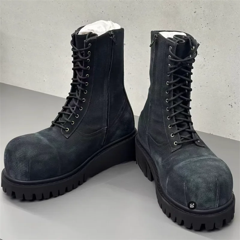 Bota de diseñador negra con cordones y punta redonda para hombre, bota alta a la moda para hombre