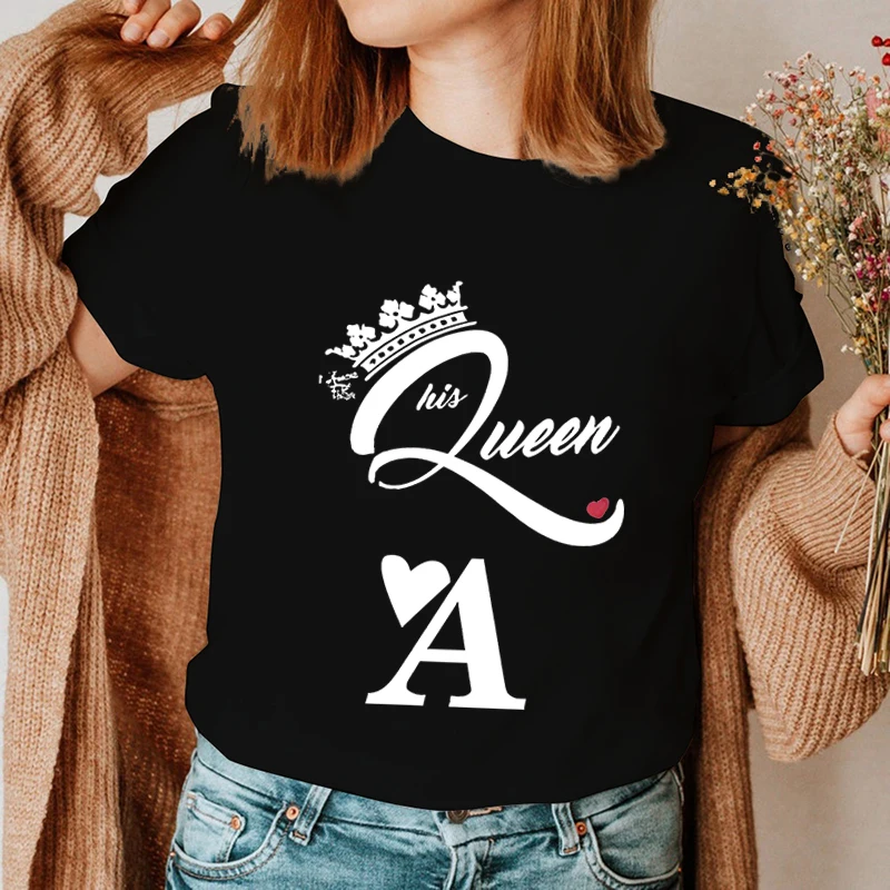 Her King His Queen Print Couple T Shirt Short Sleeve O-Neck Men Women Loose Tshirt Fashion Lovers Wife Husband Matching Shirt