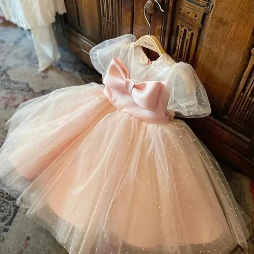 

Light Pink Flower Girl Dresses with Bow Puffy Tulle Pink Satin Sheer Neck Princess Baby Girl Dresses First Birthday Gown