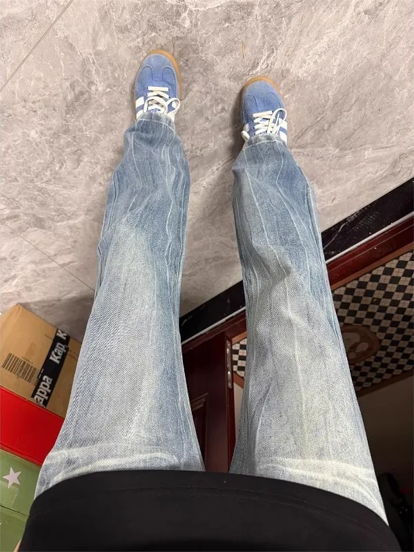 

Cleanfit Blue Lightning Pattern Men's Jeans Straight Leg Micro Flared Pants Visual Lengthening High Street American Sle