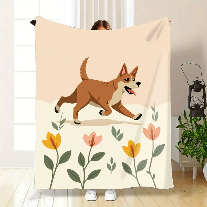 1 قطعة بطانية الفانيلا لطيف الكلب والأزهار طباعة بطانية ناعمة لديكور المنزل مريح