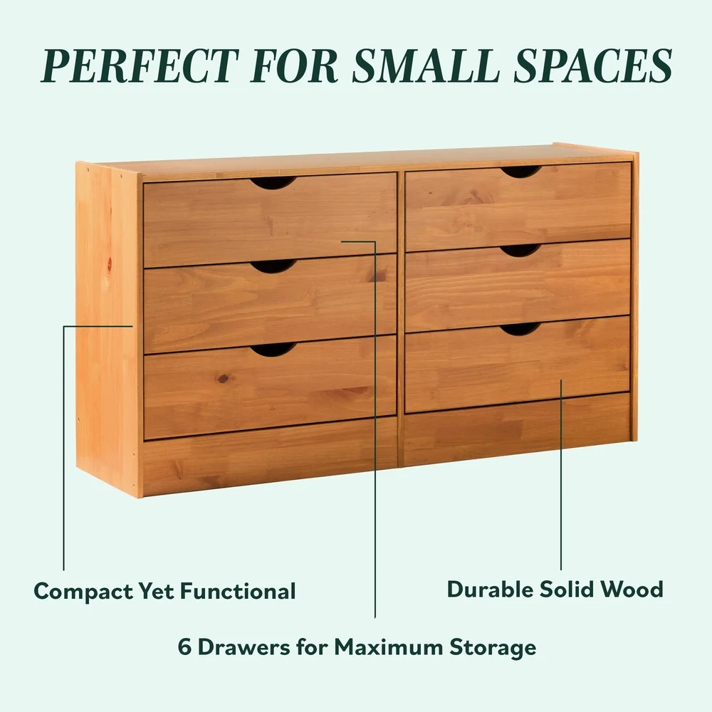 Solid Pine Wood 6 Drawer Dresser Mid Century Storage Organizer Easy Assembly Modern Design Bedroom Living Room 100 lb Capacity
