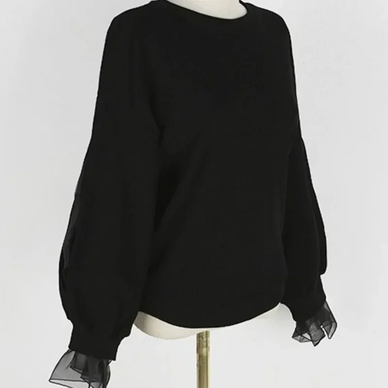 2023ฤดูใบไม้ผลิผู้หญิงลําลองHoodieตาข่ายPatchwork ChicสีดําHoodie Streetwearหญิงแฟชั่นเกาหลีแขนยาวหนาSweatshirt