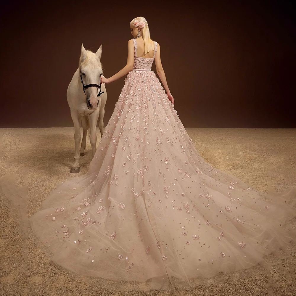 Exquisitos vestidos de noche rosas con lentejuelas entrecruzadas, vestidos de fiesta de cumpleaños con flores en 3D, elegante vestido de fiesta con cola de corte