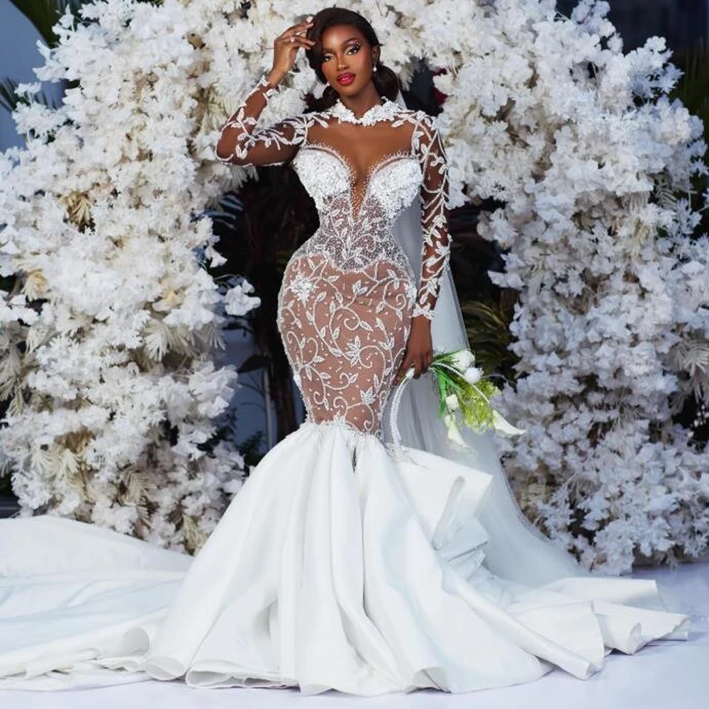 Customized Illusion Beading Wedding Dress Mesh Long Sleeve Mermaid Bridal Gown High Neck Fishtail African Wedding Gowns