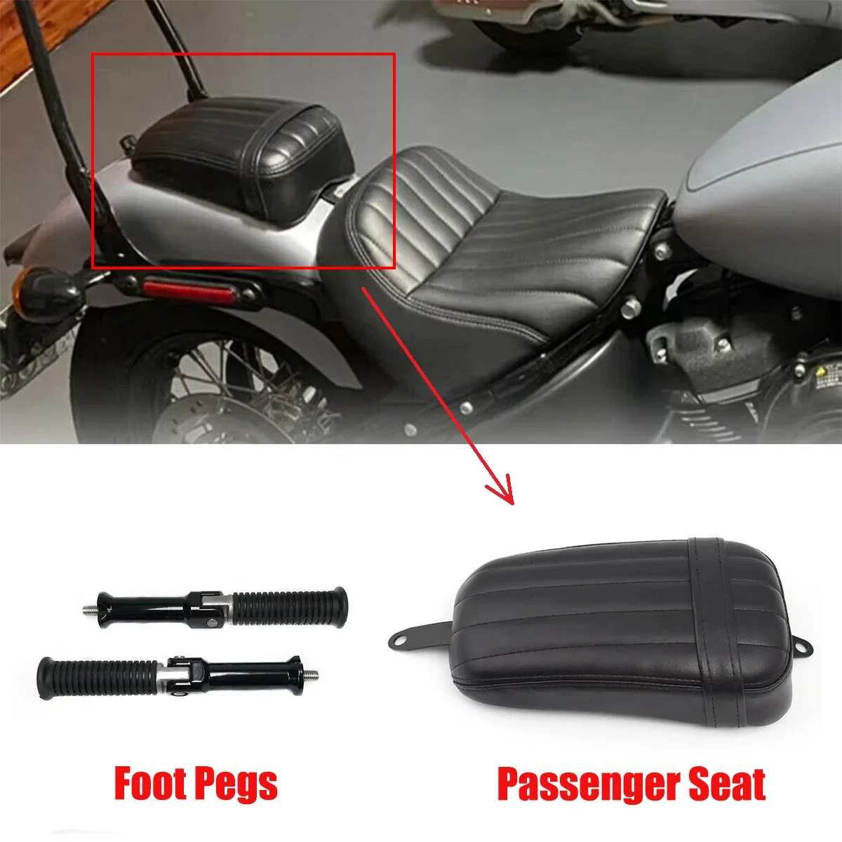 

Motorcycle Black Rear Passenger Seat Pad with Foot Pegs Pedals For Harley Davidson Street Bob 2018-2020