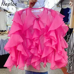 Neploe Autumn Fashion European American Versatile Ruffle Edge Shirt 2024 Women Vintage Long Sleeves Solid Color Chiffon Shirts