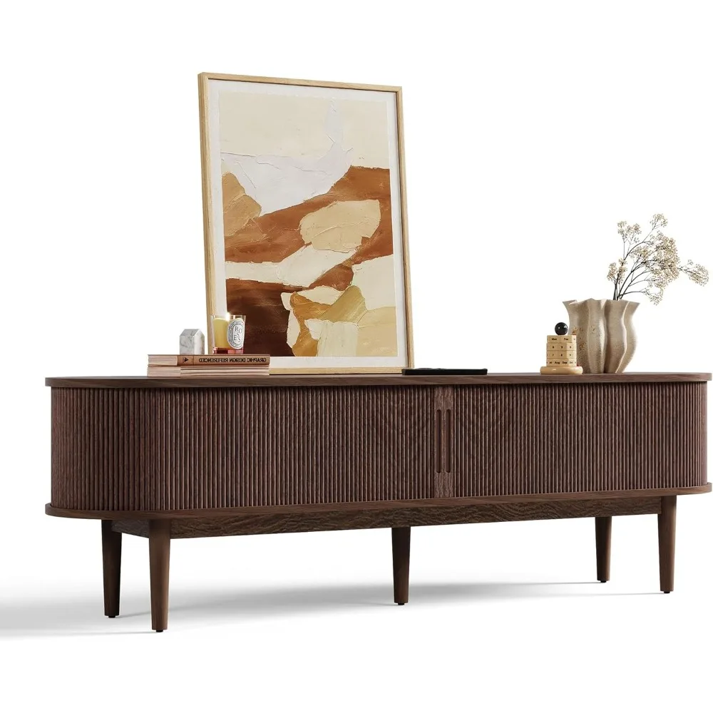 

Fluted TV Stand for 75" TV, Mid-Century Modern 70" Entertainment Center with Sliding Tambour Door and Storage Cabinet, Cruved T