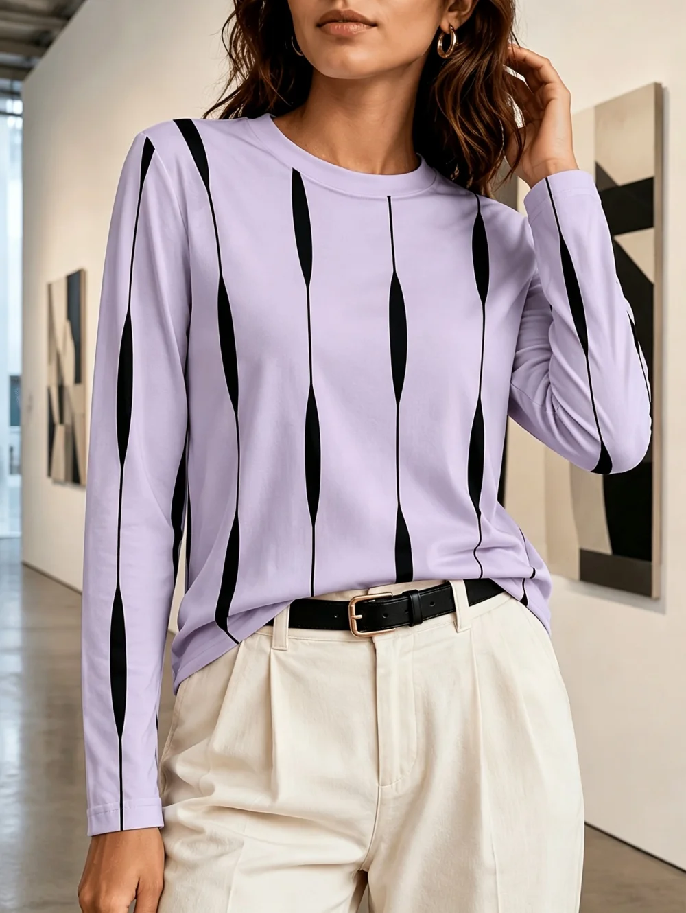 Elegantes Damen-T-Shirt mit 3D-Druck, Herbstmode, Rundhalsausschnitt, langärmelig, gestreift, schlicht, für den täglichen Gebrauch, Damenbekleidung. – Detail 8