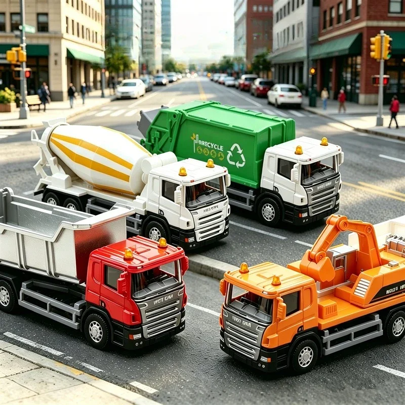 1:43 European Alloy Pull-back Urban Transportation Construction Vehicle Fire Excavator Sanitation Vehicle Model, New Toy