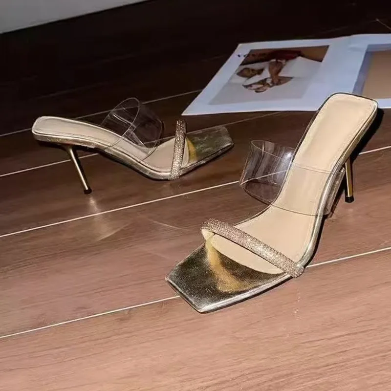 Stiletto Slippers Summer Square Toe Rhinestone Clear Slip Strap High Heels for Kids