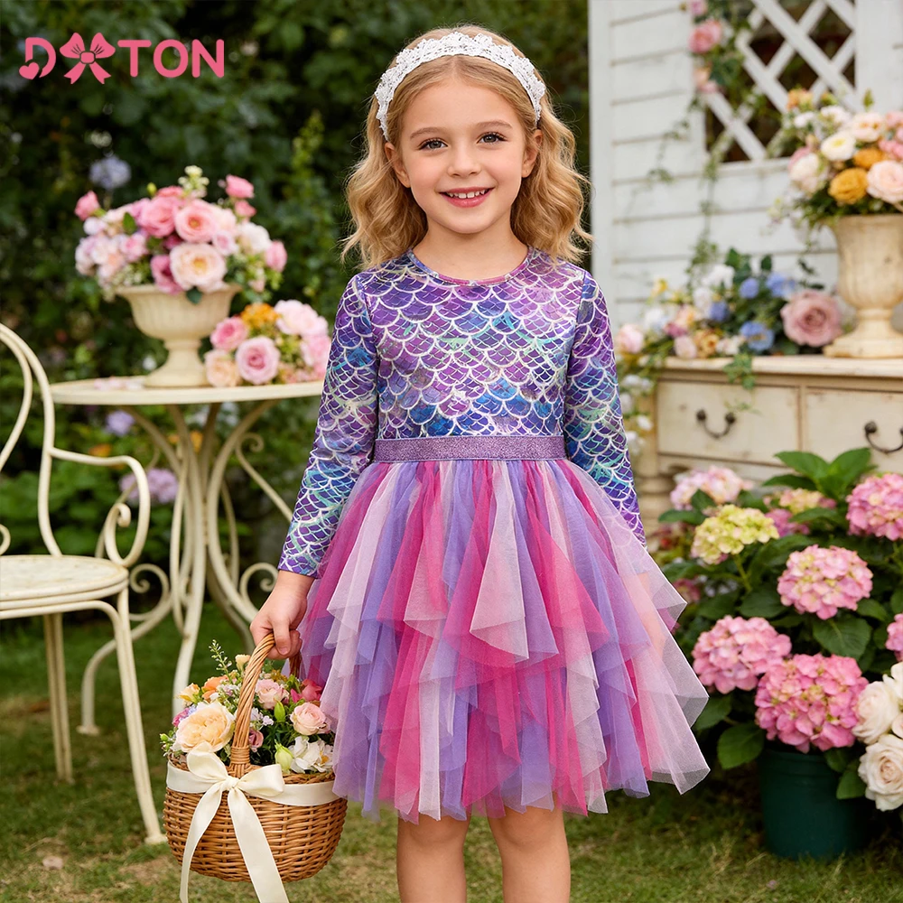 DXTON Autumn Princess Dress Mermaid Children Birthday Party Girls Dress Irregular Layered Prom Kids Long Sleeve Costumes 3-8Y