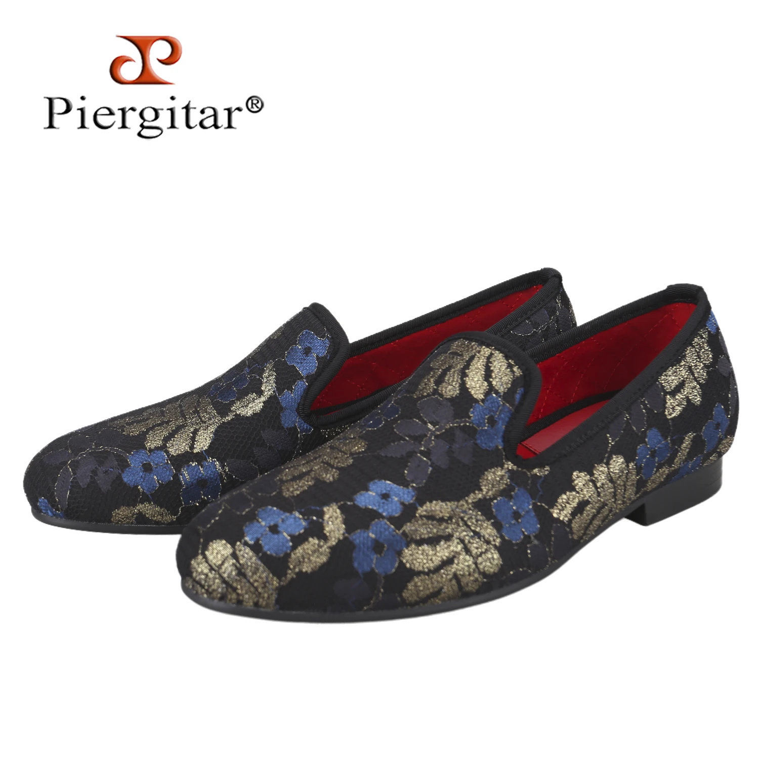 Piergitar New Three Colors Gold Thread Flower And Leaf Jacquard Mesh Slip-On Loafers British Style Handmade Men's Slippers