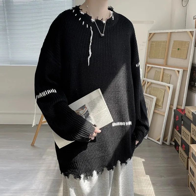 Spring Autumn Ins High Street Ripped Sweater Men's Hole Loose Lazy Knitted Pullover Harajuku Version Trend Student Streetwear