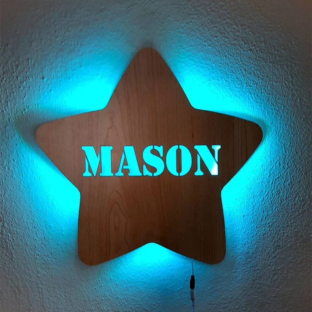 Personalized Star LED Night Light Custom Name Wood Neon Sign Wall Lamp for Children Kids Birthday Party Gifts Home Bedroom Decor