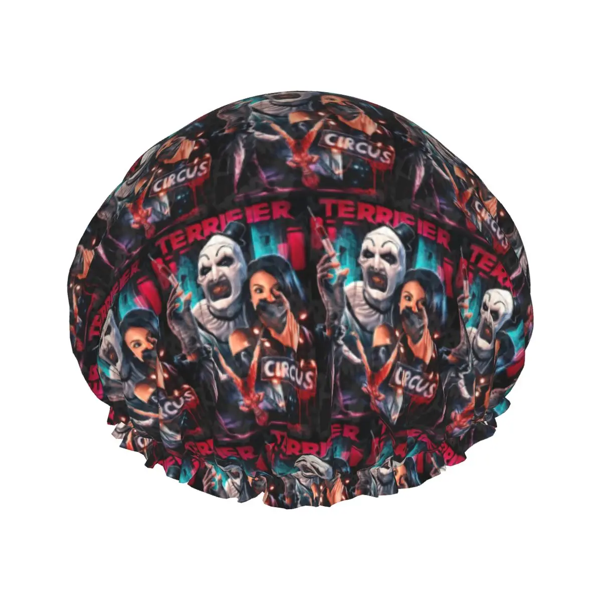 Custom Terrifiers Circus Shower Caps for Women Reusable Waterproof Halloween Horror Movie Quick Drying Bath Hair Cap