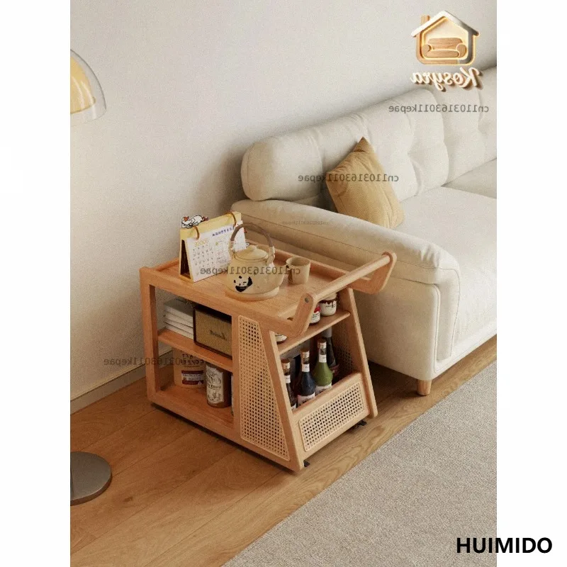 Wooden house record Solid wood edge table Movable coffee table trolley Living room Sofa side cabinet Side cabinet Bedroom bedsid