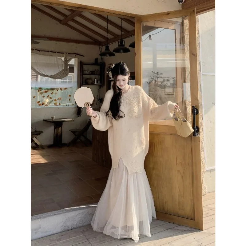 2026 فستان أخضر محبوك فستان المرأة خريف شتاء جديد منتصف طول خياطة الثقيلة سوبر الجنية فستان سترة