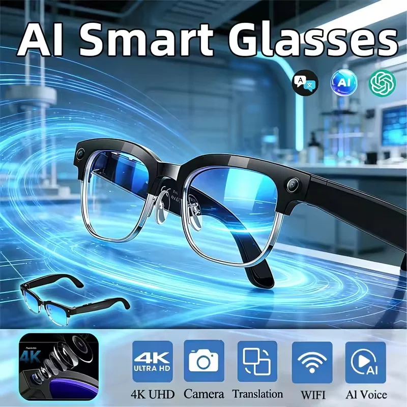 Nouvelles Lunettes Intelligentes 2026 avec Caméra HD Ultra Grand Angle 8MP, Enregistrement Vidéo, Reconnaissance Photo IA 4 Go, Appel BT, Traduction Vocale
