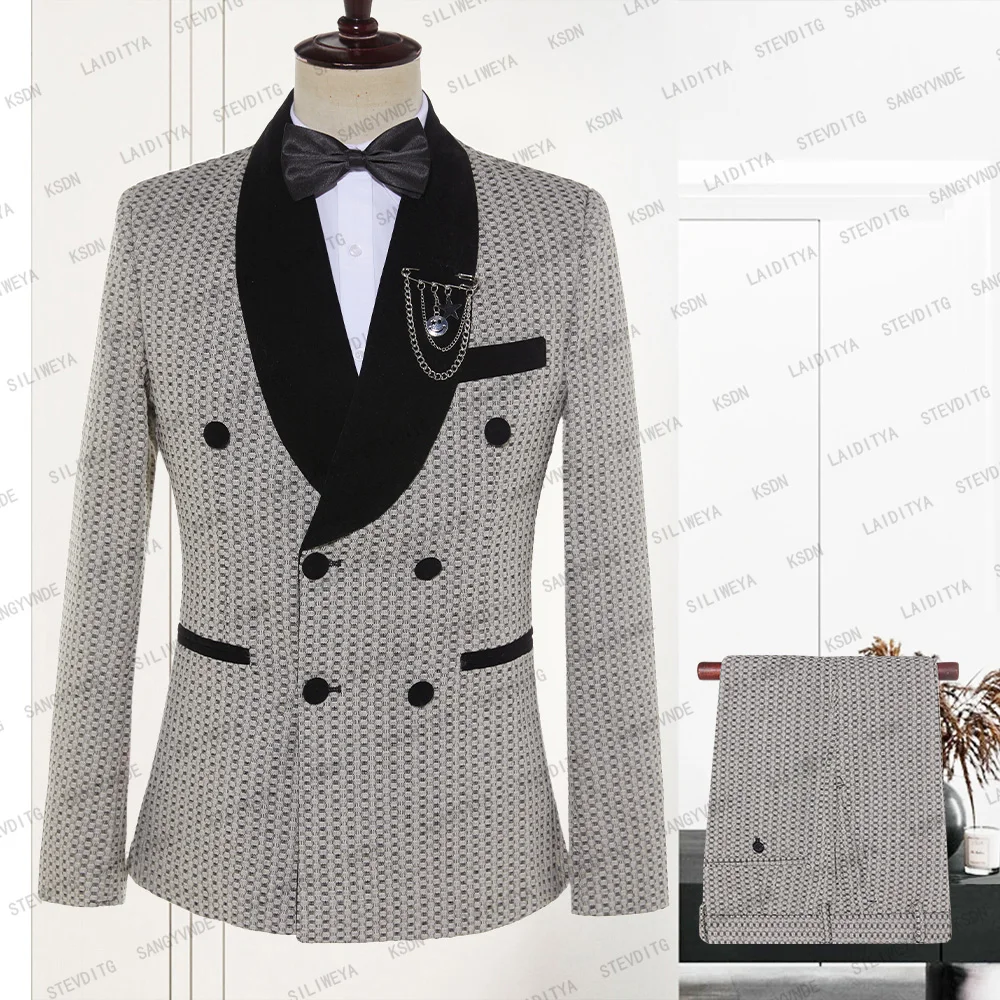 

2023 New Khaki Men Suits Black Velvet Lapel Groom Wedding Tuxedo Dots Double Breasted Formal Business 2 Pcs Set Jacket Pants