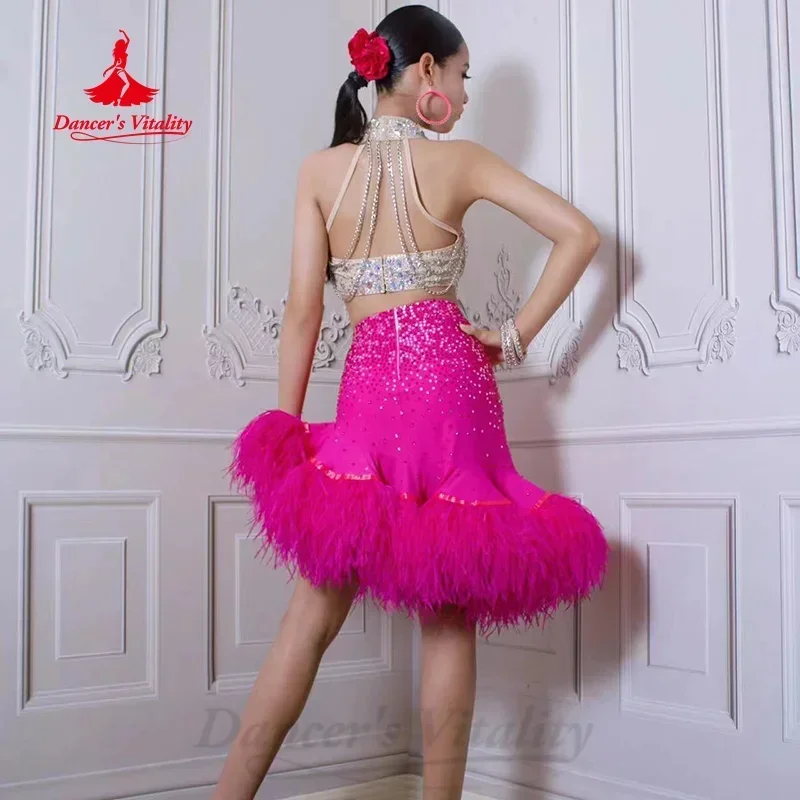 Latin Dance Performance Set Customized Luxury Rhinestone Top+senior Feather Short Skirt 2pcs Adult Children Competition Outfit