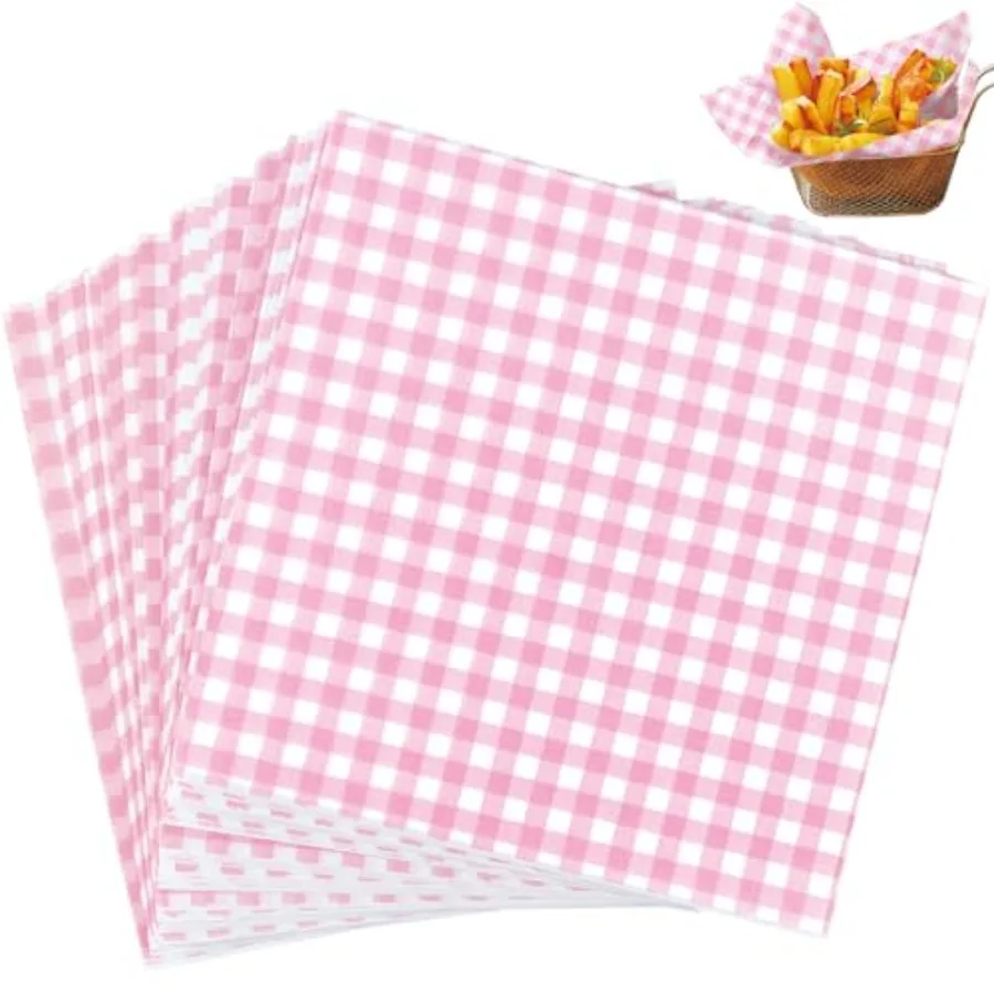 Waxed Deli Paper Sheets 7x7 Inch, 100 Pack Pink Checkered Sandwich Wrapping Paper, Greaseproof Basket Liners, Precut Deli Wrap